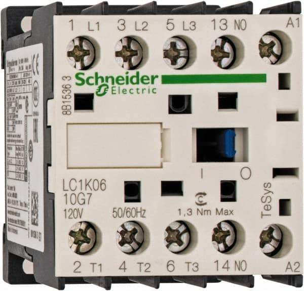 Schneider Electric - 3 Pole, 120 Coil VAC at 50/60 Hz, 6 Amp at 440 VAC, Nonreversible IEC Contactor - BS 5424, CSA, IEC 60947, NF C 63-110, RoHS Compliant, UL Listed, VDE 0660 - Exact Industrial Supply