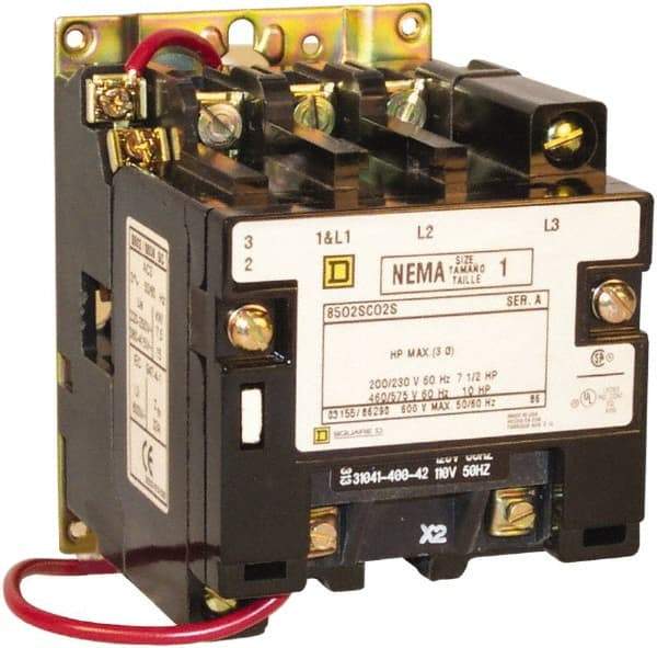 Square D - 5 Pole, 110 Coil VAC at 50 Hz and 120 Coil VAC at 60 Hz, 27 Amp NEMA Contactor - Open Enclosure, 50 Hz at 110 VAC and 60 Hz at 120 VAC - Exact Industrial Supply