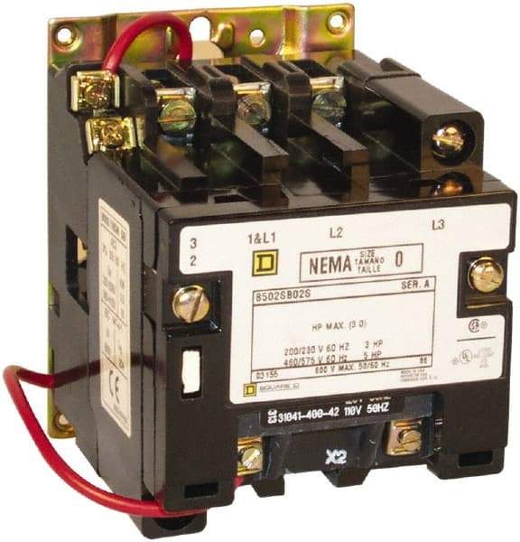 Square D - 1 Pole, 110 Coil VAC at 50 Hz and 120 Coil VAC at 60 Hz, 18 Amp NEMA Contactor - Open Enclosure, 50 Hz at 110 VAC and 60 Hz at 120 VAC - Exact Industrial Supply