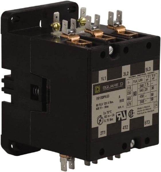 Square D - 3 Pole, 90 Amp Inductive Load, 208 to 240 Coil VAC at 60 Hz and 220 Coil VAC at 50 Hz, Definite Purpose Contactor - Exact Industrial Supply