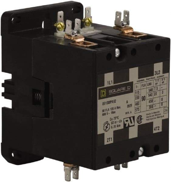 Square D - 2 Pole, 90 Amp Inductive Load, 110 Coil VAC at 50 Hz and 120 Coil VAC at 60 Hz, Definite Purpose Contactor - Phase 1 Hp:  20 at 230 VAC, 7.5 at 115 VAC, 120 Amp Resistive Rating, CE, CSA, UL Listed - Exact Industrial Supply