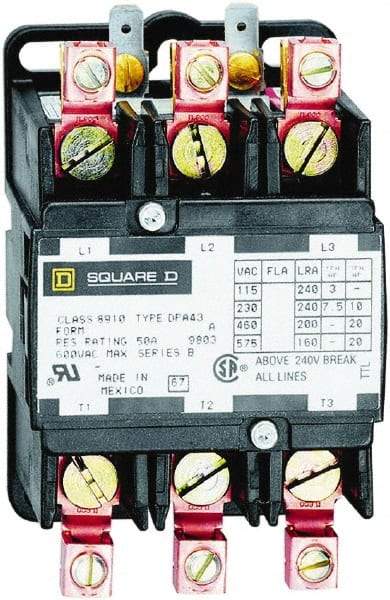 Square D - 3 Pole, 40 Amp Inductive Load, Definite Purpose Contactor - 50 Amp Resistive Rating - Exact Industrial Supply