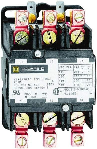 Square D - 3 Pole, 40 Amp Inductive Load, 277 Coil VAC at 60 Hz, Definite Purpose Contactor - Phase 1 and Phase 3 Hp:  10 at 230 VAC, 20 at 460 VAC, 25 at 575 VAC, 3 at 115 VAC, 7.5 at 230 VAC, 50 Amp Resistive Rating, CE, CSA, UL Listed - Exact Industrial Supply