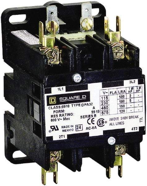 Square D - 2 Pole, 90 Amp Inductive Load, 208 to 240 Coil VAC at 60 Hz and 220 Coil VAC at 50 Hz, Definite Purpose Contactor - Phase 1 Hp:  20 at 230 VAC, 7.5 at 115 VAC, 120 Amp Resistive Rating, CE, CSA, UL Listed - Exact Industrial Supply