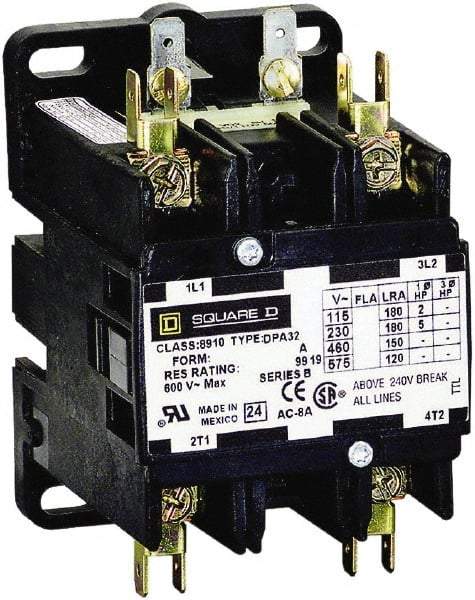 Square D - 2 Pole, 30 Amp Inductive Load, 24 Coil VAC at 50/60 Hz, Definite Purpose Contactor - Phase 1 Hp:  2 at 115 VAC, 5 at 230 VAC, 40 Amp Resistive Rating, CE, CSA, UL Listed - Exact Industrial Supply