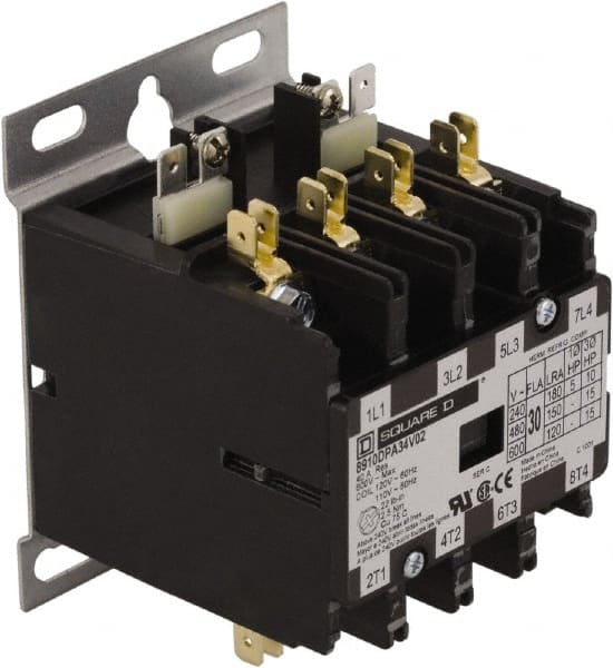 Square D - 4 Pole, 25 Amp Inductive Load, 110 Coil VAC at 50 Hz and 120 Coil VAC at 60 Hz, Definite Purpose Contactor - Exact Industrial Supply