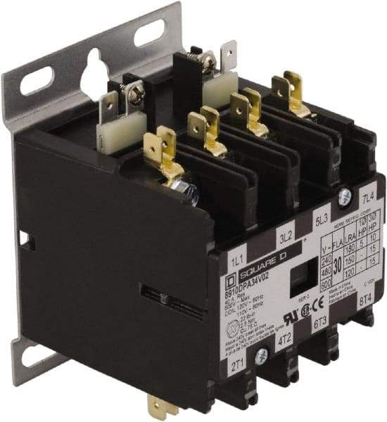 Square D - 4 Pole, 20 Amp Inductive Load, 24 Coil VAC at 50/60 Hz, Definite Purpose Contactor - Phase 1 and Phase 3 Hp:  1.5 at 115 VAC, 3 at 230 VAC, 7.5 at 230 VAC, 7.5 at 460 VAC, 7.5 at 575 VAC, 30 Amp Resistive Rating, CE, CSA, UL Listed - Exact Industrial Supply