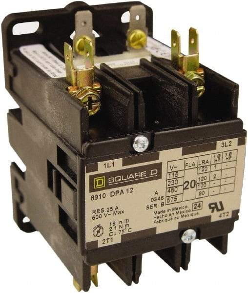 Square D - 2 Pole, 20 Amp Inductive Load, 208 to 240 Coil VAC at 60 Hz and 220 Coil VAC at 50 Hz, Definite Purpose Contactor - Phase 1 Hp:  1.5 at 115 VAC, 3 at 230 VAC, 30 Amp Resistive Rating, CE, CSA, UL Listed - Exact Industrial Supply