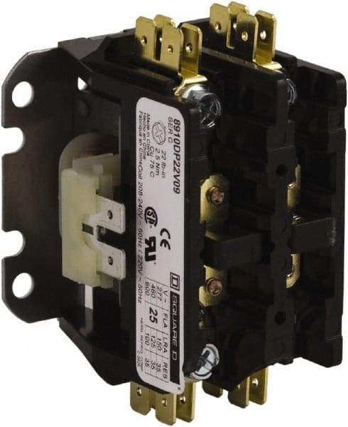 Square D - 2 Pole, 20 Amp Inductive Load, 440 Coil VAC at 50 Hz and 480 Coil VAC at 60 Hz, Definite Purpose Contactor - Phase 1 Hp:  1 at 115 VAC, 2 at 230 VAC, 30 Amp Resistive Rating, CE, CSA, UL Listed - Exact Industrial Supply