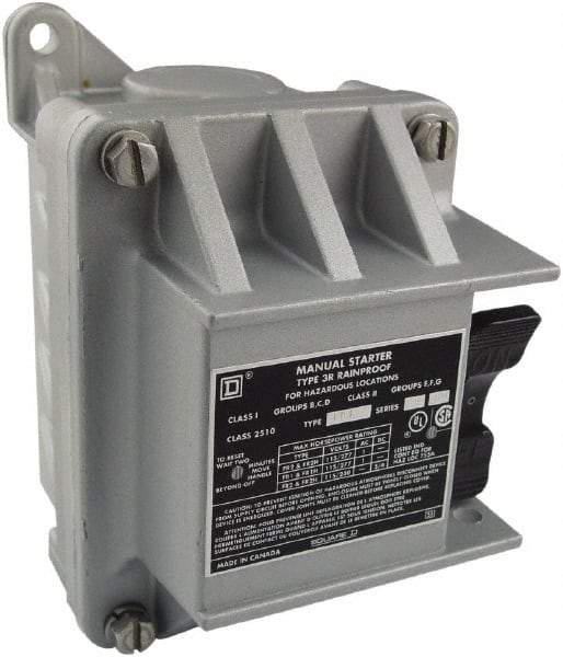 Square D - 2 Poles, 30 Amp, NEMA, Enclosed Toggle Manual Motor Starter - 1 hp at 90 VDC, 1-1/2 hp at 230 VDC, 2 hp at 115 VAC, 2 hp at 115 VDC, 2 hp at 230 VAC, 3 hp at 460 VAC & 3 hp at 575 VAC, CE, CSA, NEMA 3R/7/9 & UL Listed - Exact Industrial Supply