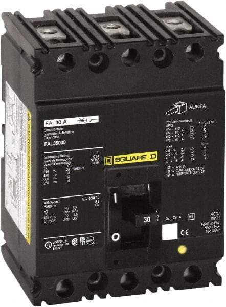 Square D - 70 Amp, 250 VDC, 480 VAC, 3 Pole, Panel Mount Molded Case Circuit Breaker - Thermal Magnetic Trip, 18 kA at 480/600 VAC Breaking Capacity, 12-1/0 (Aluminum), 14-1/0 (Copper) AWG, 4.13 Inch Deep x 6 Inch High x 4-1/2 Inch Long - Exact Industrial Supply