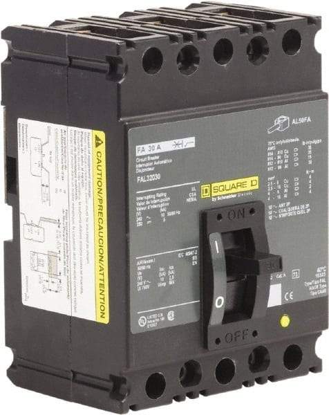 Square D - 30 Amp, 240 VAC, 3 Pole, Panel Mount Molded Case Circuit Breaker - Thermal Magnetic Trip, Multiple Breaking Capacity Ratings, 12-4 (Aluminum), 14-4 (Copper) AWG, 4.13 Inch Deep x 6 Inch High x 4-1/2 Inch Long - Exact Industrial Supply