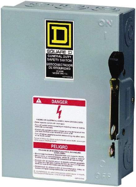 Square D - 30 Amp, 120/240 V, 2 Pole Fused Safety Switch - NEMA 1, 2 hp at 120 VAC, 3 hp at 240 VAC (Single Phase), DPST Contact Form - Exact Industrial Supply