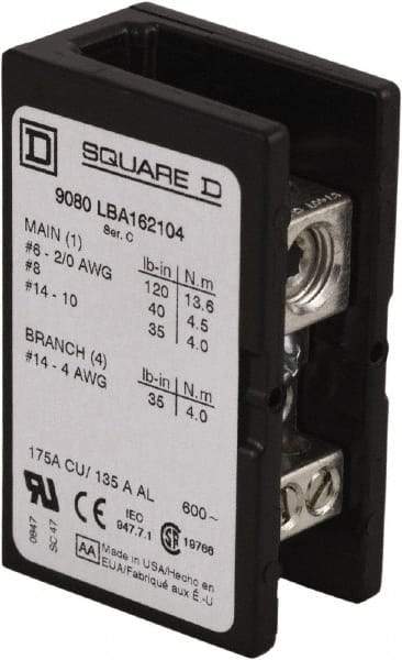 Square D - 1 Pole, 270 (Aluminium), 335 (Copper) Amp, Phenolic Power Distribution Block - 600 VAC, 1 Primary Connection - Exact Industrial Supply