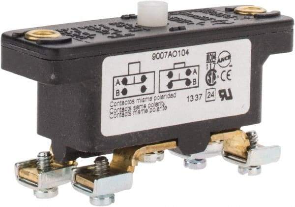 Square D - 0.25 Amp at 125 VDC, 5 Amp at 600 VAC, SPDT-DB, Basic Snap Switch - 600 V, Screw Terminal, 0.69 Lb Max Operating Force, 2-1/2 Inch High x 0.83 Inch Long x 1.03 Inch Wide, -20 to 185°F - Exact Industrial Supply