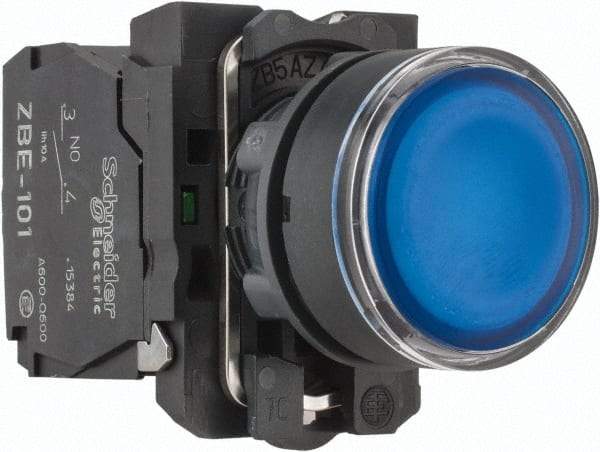 Schneider Electric - 22mm Mount Hole, Flush, Pushbutton Switch with Contact Block - Round, Blue Pushbutton, Illuminated, Momentary (MO) - Exact Industrial Supply