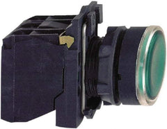 Schneider Electric - 22mm Mount Hole, Flush, Pushbutton Switch with Contact Block - Round, Green Pushbutton, Illuminated, Momentary (MO) - Exact Industrial Supply