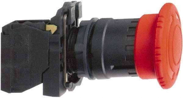 Schneider Electric - 22mm Mount Hole, Extended Mushroom Head, Pushbutton Switch with Contact Block - Round, Red Pushbutton, Maintained (MA), Momentary (MO) - Exact Industrial Supply