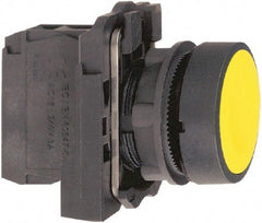 Schneider Electric - 22mm Mount Hole, Flush, Pushbutton Switch with Contact Block - Round, Yellow Pushbutton, Momentary (MO) - Exact Industrial Supply