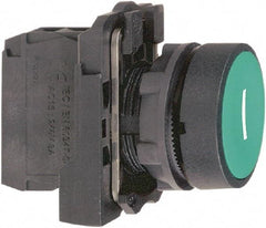 Schneider Electric - 22mm Mount Hole, Flush, Pushbutton Switch with Contact Block - Round, Green Pushbutton, Momentary (MO) - Exact Industrial Supply