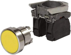 Schneider Electric - 0.87 Inch Mount Hole, Pushbutton Switch with Contact Block - Round, Yellow Pushbutton, Nonilluminated, Momentary (MO), Anticorrosive, Dust Resistant and Vaportight - Exact Industrial Supply