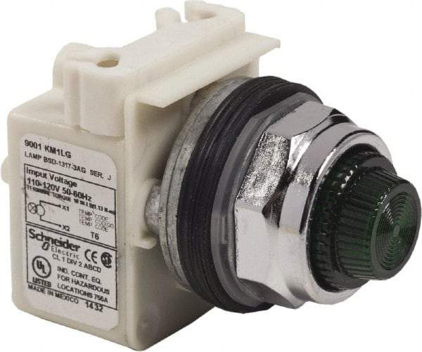 Schneider Electric - 120 VAC Green Lens LED Pilot Light - Round Lens, Screw Clamp Connector - Exact Industrial Supply