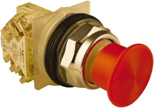 Schneider Electric - 30mm Mount Hole, Extended Mushroom Head, Pushbutton Switch with Contact Block - Round, Red Pushbutton, Momentary (MO) - Exact Industrial Supply