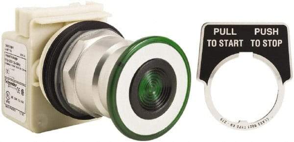 Schneider Electric - 1.18 Inch Mount Hole, Extended Straight, Pushbutton Switch Only - Round, Green Pushbutton, Illuminated, Maintained (MA), Momentary (MO), Weatherproof, Dust and Oil Resistant - Exact Industrial Supply