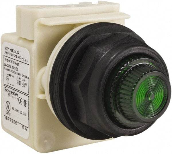 Schneider Electric - 24 V, 28 V Green Lens LED Indicating Light - Round Lens, Screw Clamp Connector, Corrosion Resistant, Dust Resistant, Oil Resistant - Exact Industrial Supply