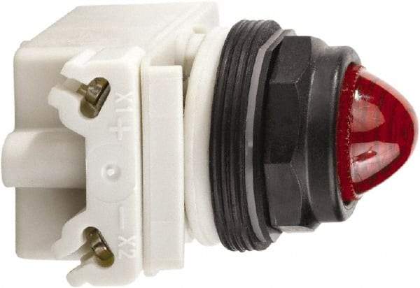 Schneider Electric - 120 VAC/VDC Red Lens LED Pilot Light - Round Lens, Screw Clamp Connector, 54mm OAL x 42mm Wide, Vibration Resistant - Exact Industrial Supply