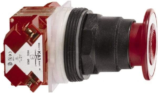 Schneider Electric - 30mm Mount Hole, Extended Mushroom Head, Pushbutton Switch with Contact Block - Round, Red Pushbutton, Maintained (MA) - Exact Industrial Supply