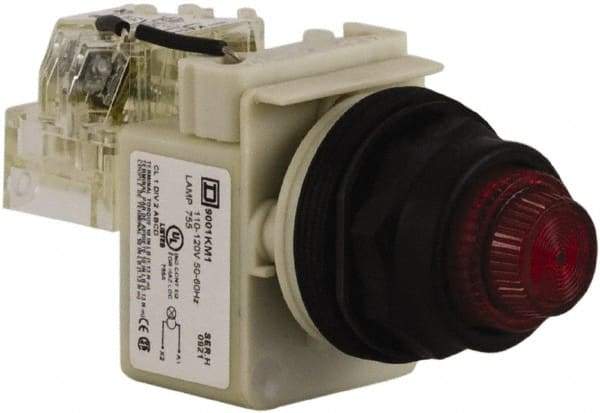 Schneider Electric - 110 VAC at 50/60 Hz via Transformer, 120 VAC at 50/60 Hz via Transformer Red Lens Press-to-Test Indicating Light - Round Lens, Screw Clamp Connector, Corrosion Resistant, Dust Resistant, Oil Resistant - Exact Industrial Supply