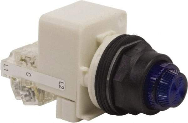 Schneider Electric - 120 V Blue Lens LED Pilot Light - Round Lens, Screw Clamp Connector, 54mm OAL x 42mm Wide, Vibration Resistant - Exact Industrial Supply