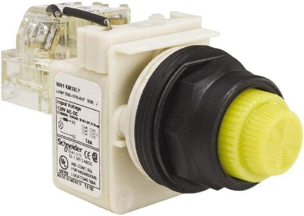 Schneider Electric - 120 V Yellow Lens LED Press-to-Test Indicating Light - Round Lens, Screw Clamp Connector, Corrosion Resistant, Dust Resistant, Oil Resistant - Exact Industrial Supply