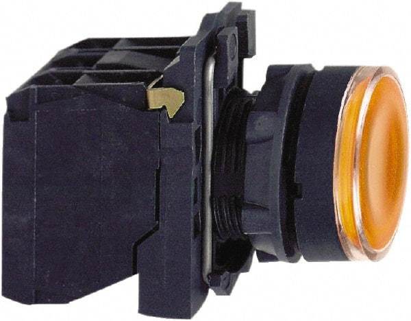 Schneider Electric - 22mm Mount Hole, Flush, Pushbutton Switch with Contact Block - Round, Orange Pushbutton, Illuminated, Momentary (MO) - Exact Industrial Supply