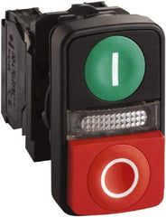 Schneider Electric - 22mm Mount Hole, Extended Straight, Flush, Pushbutton Switch Only - Rectangle, Green and Red Pushbutton, Illuminated, Momentary (MO), On-Off, Shock and Vibration Resistant - Exact Industrial Supply