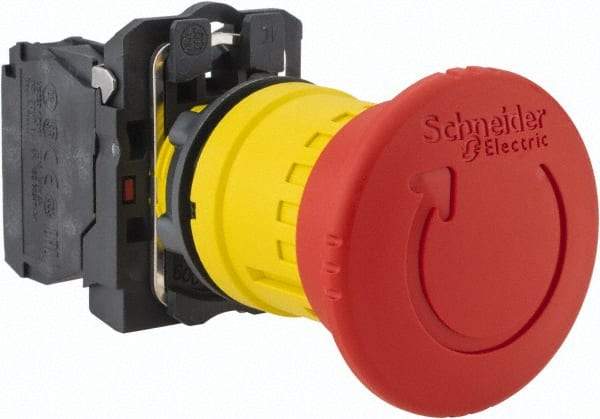 Schneider Electric - 22mm Mount Hole, Extended Mushroom Head, Pushbutton Switch Only - Round, Red Pushbutton, Nonilluminated, Maintained (MA), Off, Shock and Vibration Resistant - Exact Industrial Supply