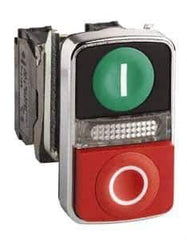 Schneider Electric - 22mm Mount Hole, Extended Straight, Flush, Pushbutton Switch Only - Rectangle, Green and Red Pushbutton, Illuminated, Momentary (MO), On-Off, Shock and Vibration Resistant - Exact Industrial Supply