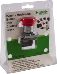 Schneider Electric - 22mm Mount Hole, Extended Mushroom Head, Pushbutton Switch with Contact Block - Round, Red Pushbutton, Nonilluminated - Exact Industrial Supply