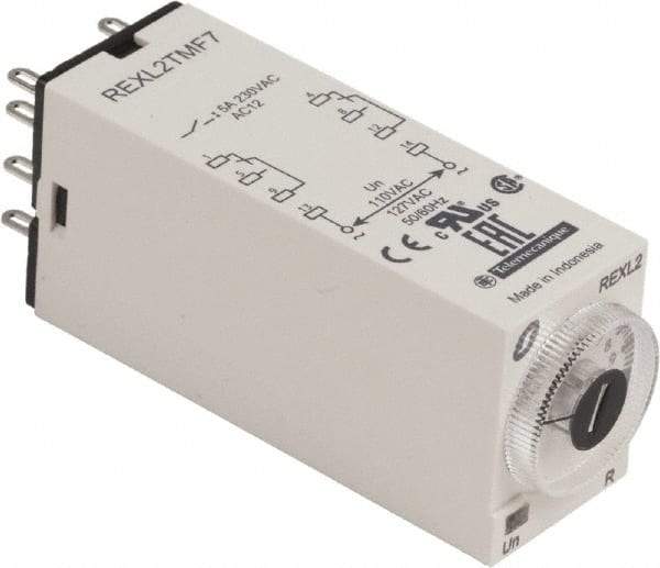 Schneider Electric - 8 Pin, 100 hr Delay, Multiple Range DPDT Time Delay Relay - 5 Contact Amp, 120 VAC, Knob - Exact Industrial Supply
