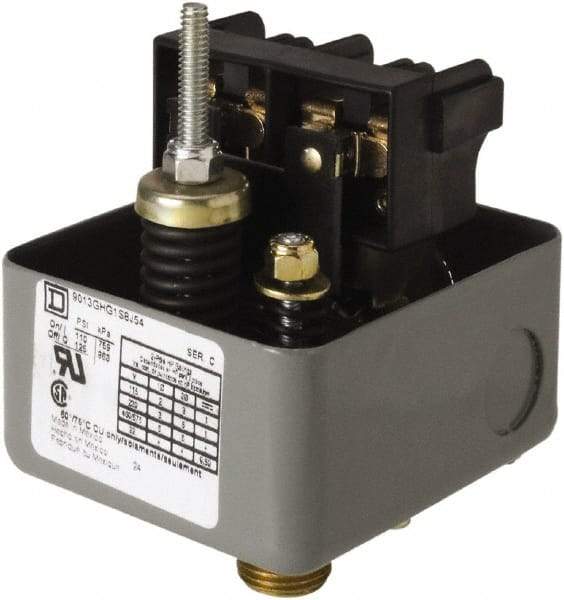 Square D - 1 NEMA Rated, DPST, 110 to 125 psig, Vacuum Switch Pressure and Level Switch - Adjustable Pressure, 575 VAC, 0.13 Inch NPSF Connector, Screw Terminal, For Use with Air Compressors, Electrically Driven Water Pumps - Exact Industrial Supply