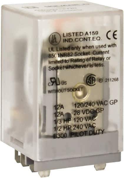 Square D - 8 Pins, 1 hp at 277 Volt & 1/3 hp at 120 Volt, 3 VA Power Rating, Square Electromechanical Plug-in General Purpose Relay - 10 Amp at 250 VAC, DPDT, 120 VAC at 50/60 Hz, 34.9mm Wide x 50mm High x 35.4mm Deep - Exact Industrial Supply