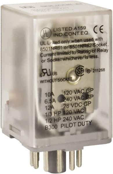 Square D - 8 Pins, 1 hp at 277 Volt & 1/3 hp at 120 Volt, 3 VA Power Rating, Octal Electromechanical Plug-in General Purpose Relay - 10 Amp at 250 VAC, DPDT, 48 VDC, 34.9mm Wide x 50.3mm High x 35.4mm Deep - Exact Industrial Supply