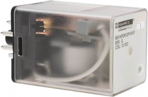 Square D - 8 Pins, 1 hp at 277 Volt & 1/3 hp at 120 Volt, 3 VA Power Rating, Octal Electromechanical Plug-in General Purpose Relay - 10 Amp at 250 VAC, DPDT, 12 VDC, 34.9mm Wide x 50.3mm High x 35.4mm Deep - Exact Industrial Supply