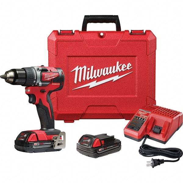 Milwaukee Tool - 18 Volt 1/2" Chuck Pistol Grip Handle Cordless Drill - 0-1800 RPM, Single-Sleeve Ratcheting Chuck, Reversible, 2 Lithium-Ion Batteries Included - Exact Industrial Supply