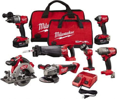 Milwaukee Tool - 18 Volt Cordless Tool Combination Kit - Includes Hammer Drill, Impact Driver, Reciprocating Saw, Circular Saw, Grinder, Work Light & 1/2" Impact Wrench, Lithium-Ion Battery Included - Exact Industrial Supply