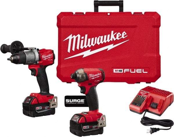 Milwaukee Tool - 18 Volt Cordless Tool Combination Kit - Includes Hammer Drill & 1/4" Hex Impact Driver, Lithium-Ion Battery Included - Exact Industrial Supply