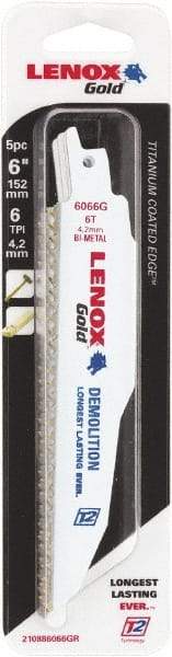 Lenox - 6" Long x 7/8" Thick, Bi-Metal Reciprocating Saw Blade - Tapered Profile, 6 TPI, Toothed Edge, Universal Shank - Exact Industrial Supply