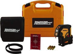 Johnson Level & Tool - 3 Beam 100' (Interior) Max Range Self Leveling Dot Laser Level - Red Beam, 1/8" at 50' Accuracy, 4-3/4" Long x 3" Wide x 4-3/4" High, Battery Included - Exact Industrial Supply