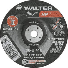 WALTER Surface Technologies - 24 Grit, 4" Wheel Diam, 1/4" Wheel Thickness, 3/8" Arbor Hole, Type 27 Depressed Center Wheel - Aluminum Oxide, Resinoid Bond, 15,000 Max RPM - Exact Industrial Supply